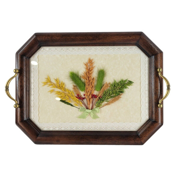 MCM Dried Flowers Plants Lace Glass Top Serving Tray with Handles Vintage - Picture 1 of 9